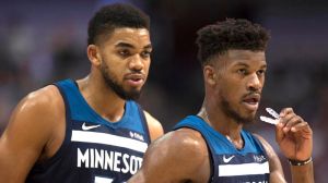 Minnesota Timberwolves players Jimmy Butler and Karl-Anthony Towns