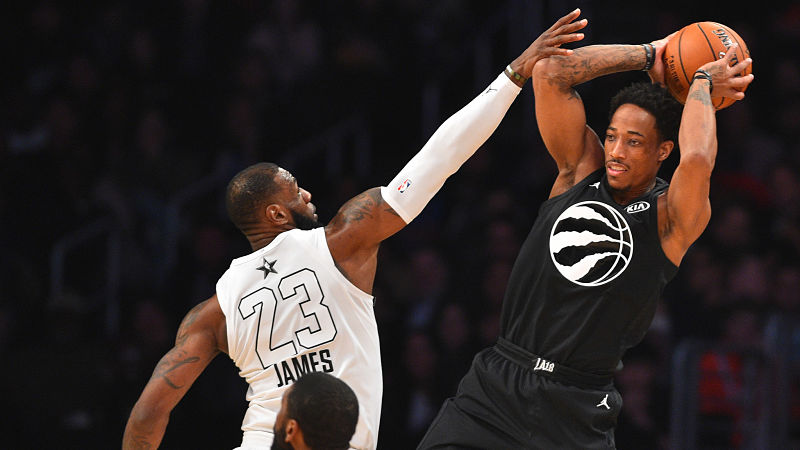 Los Angeles Lakers forward LeBron James and Toronto Raptors guard DeMar DeRozan